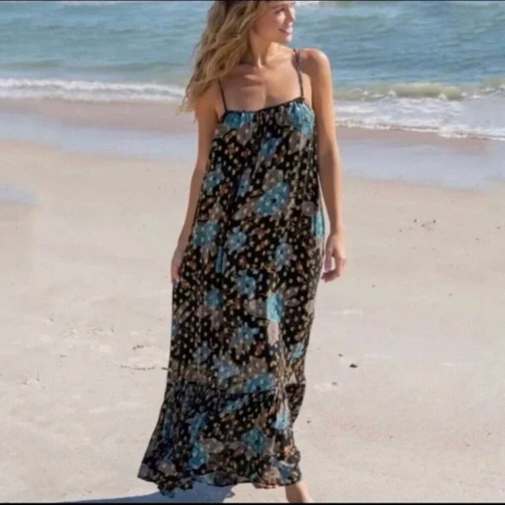 Natural Life The Alice Metallic Blue Floral Maxi Dress Size XS